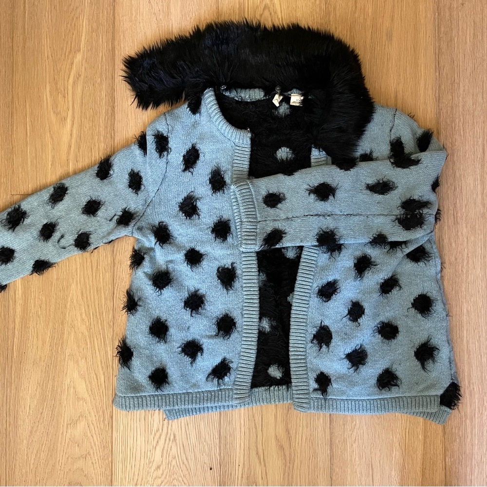 Anthropologie Moth polka dot fuzzy cardigan.  Super warm. Removable faux collar.